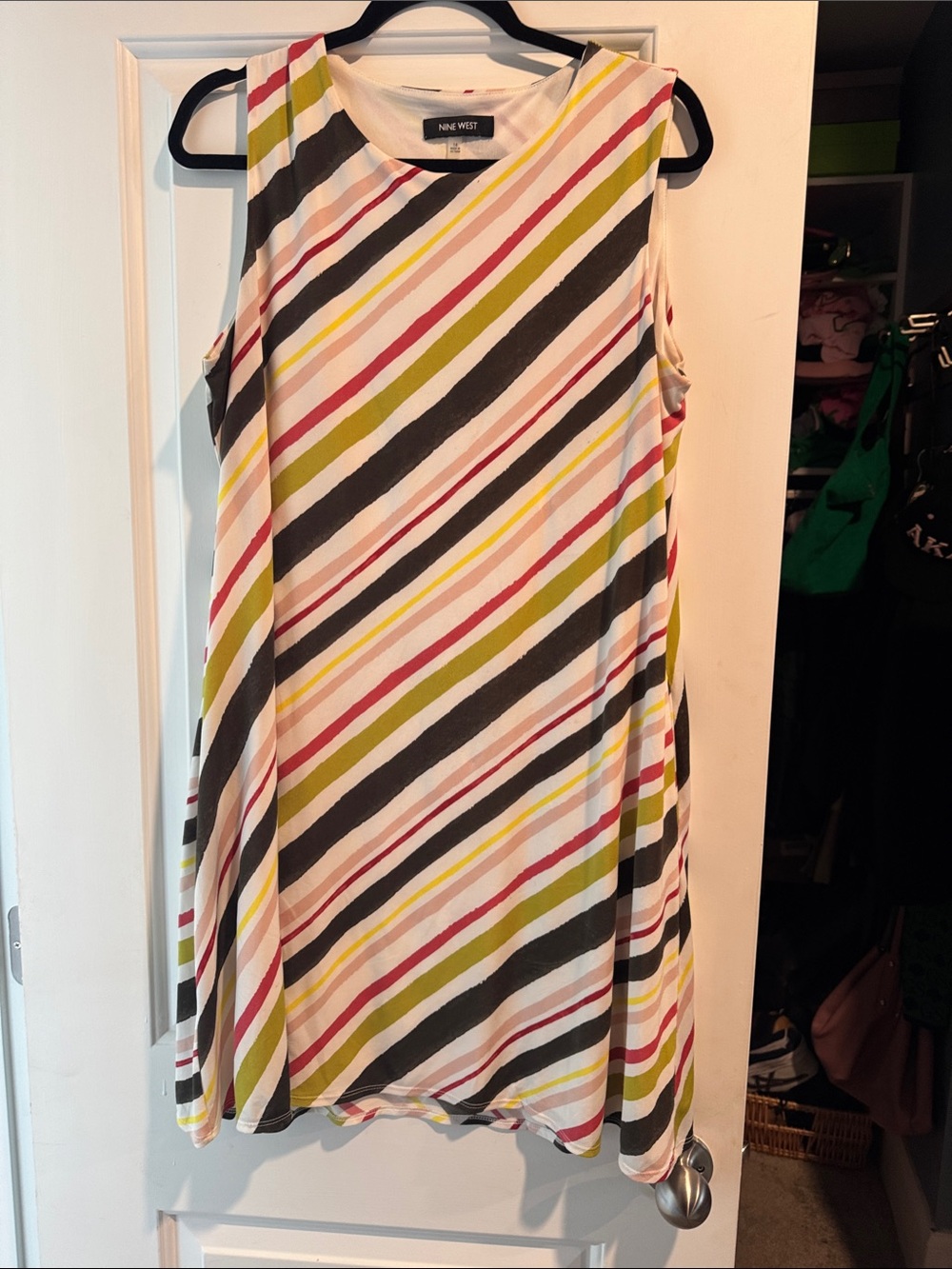 Nine West Multi-Stripe Sleeveless Midi Dress in White, Olive, Black, Pink
